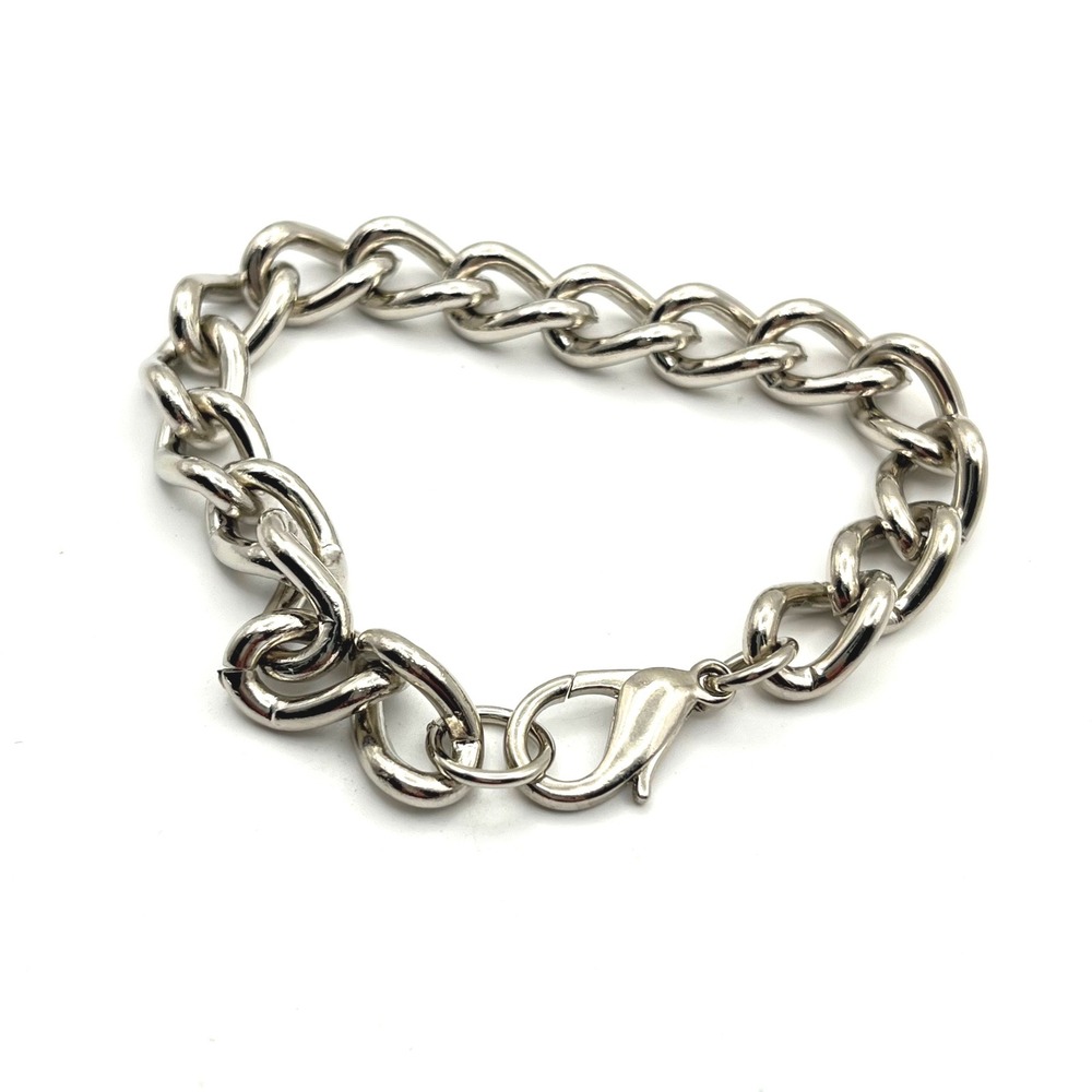 Silver Tone Curb Chain Bracelet Chunky Link Lobster Clasp 8 Inch